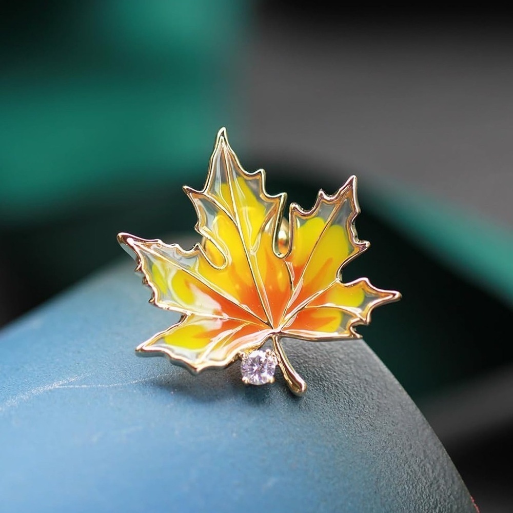 Maple Leaf Resin Pin Brooch, Orange, Yellow, Gold - Picture 4 of 17
